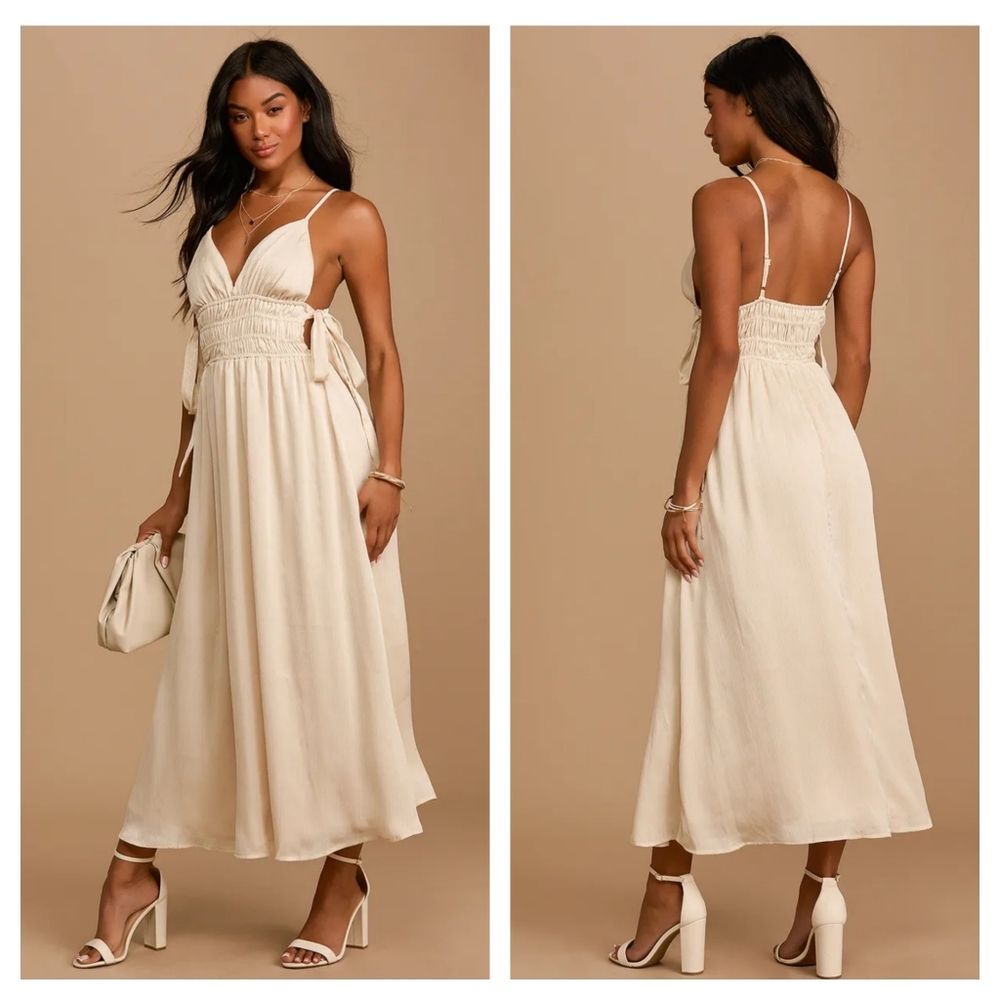 Lulus Sunny Season Cream Sleeveless Side-Tie Midi Dress